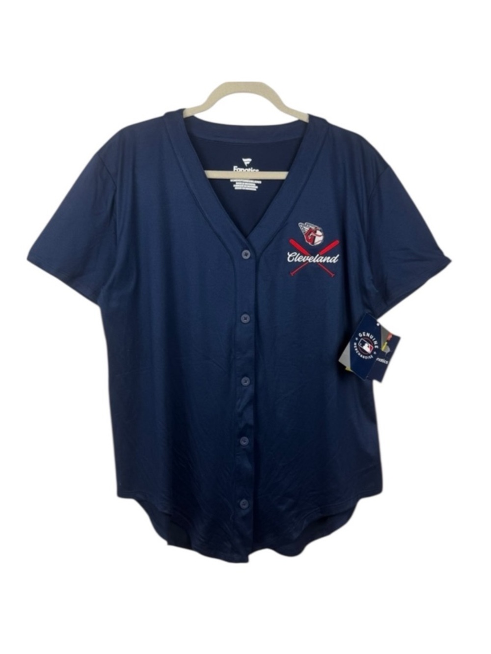 Fanatics Womens Cleveland MLB Baseball Navy Button Down Jersey Shirt L